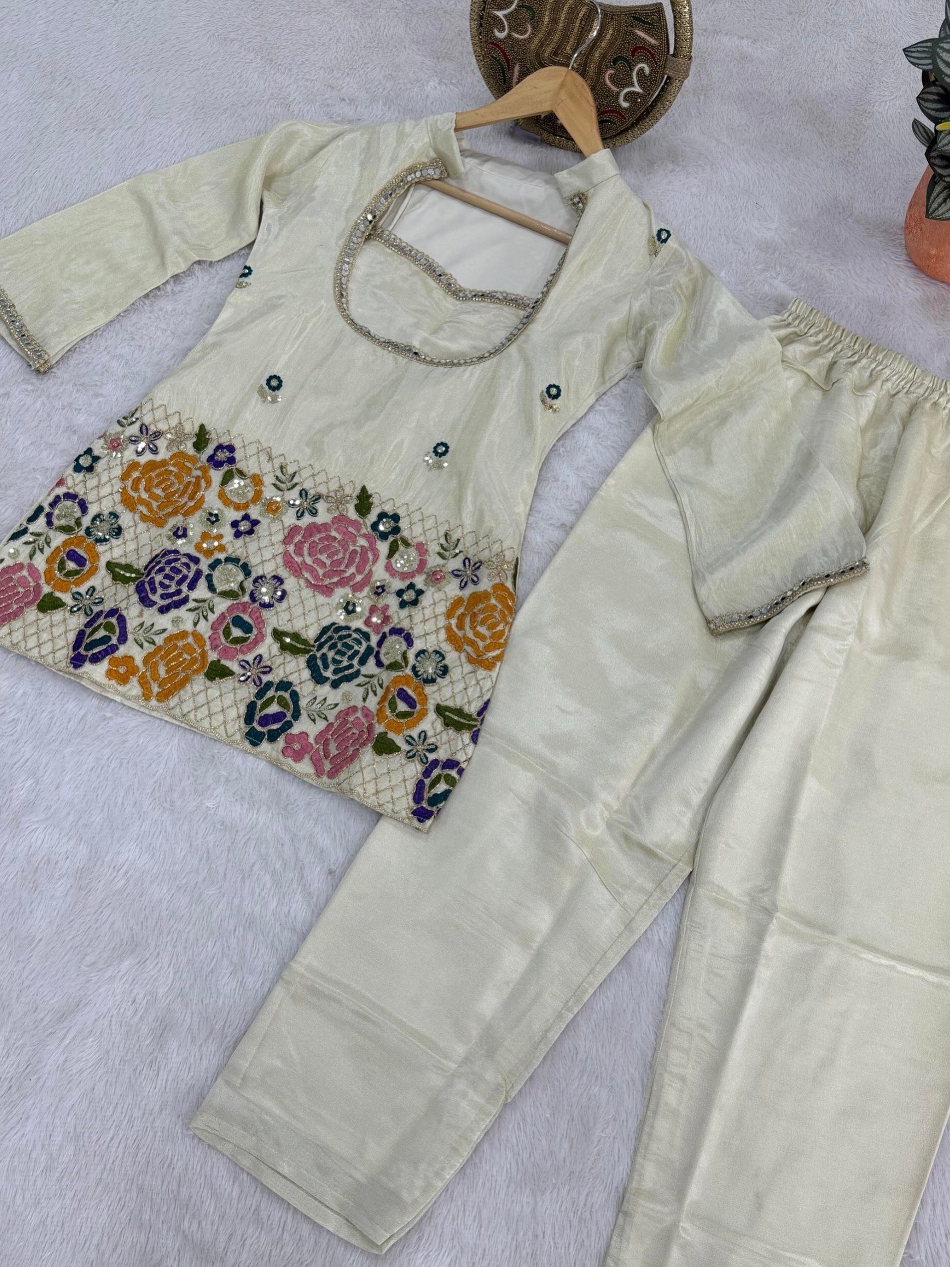 Cream Silk Short Kurti with Inner & Palazzo Set image 3