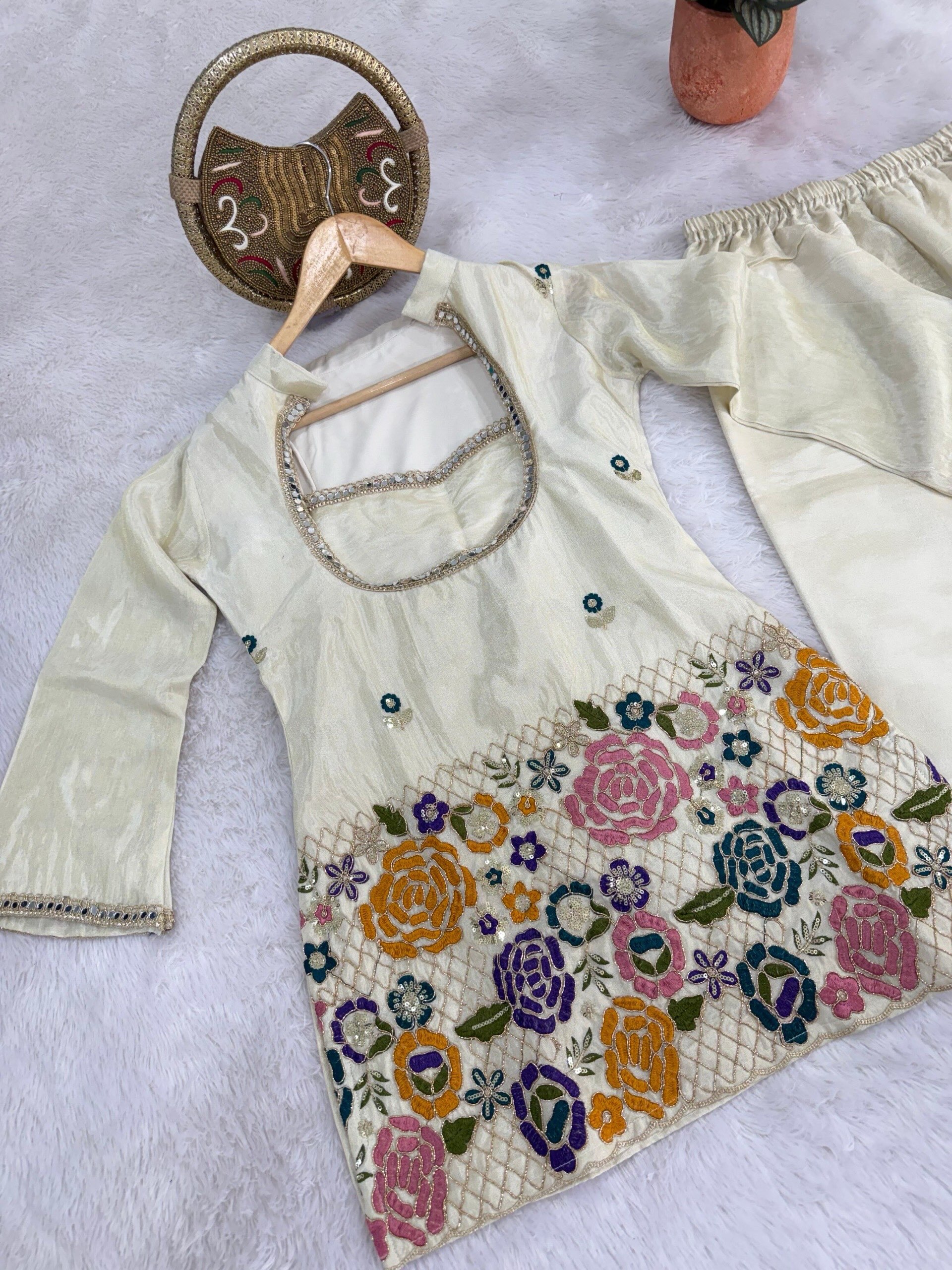 Cream Silk Short Kurti with Inner & Palazzo Set image 4