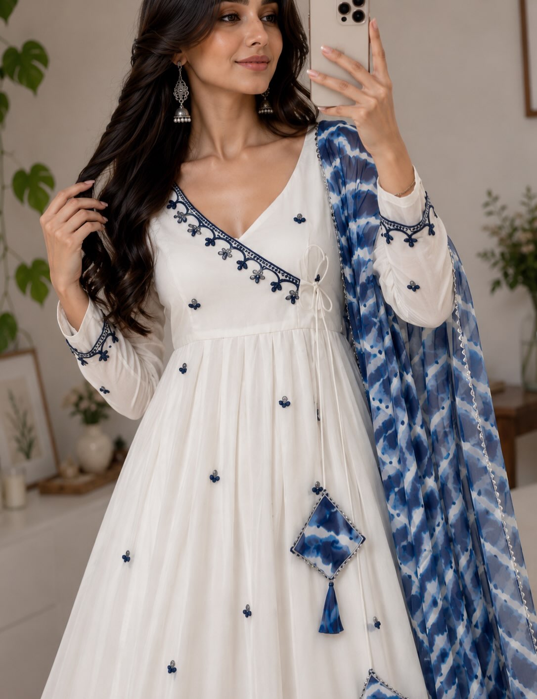 Off-White Angrakha Anarkali Suit Set with Blue Tie-Dye Dupatta & Pant image 2