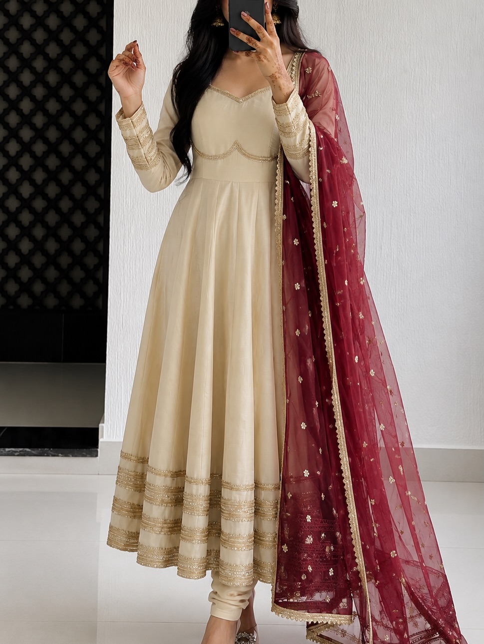 Beige Silk Anarkali Suit Set with Maroon Sequin Net Dupatta