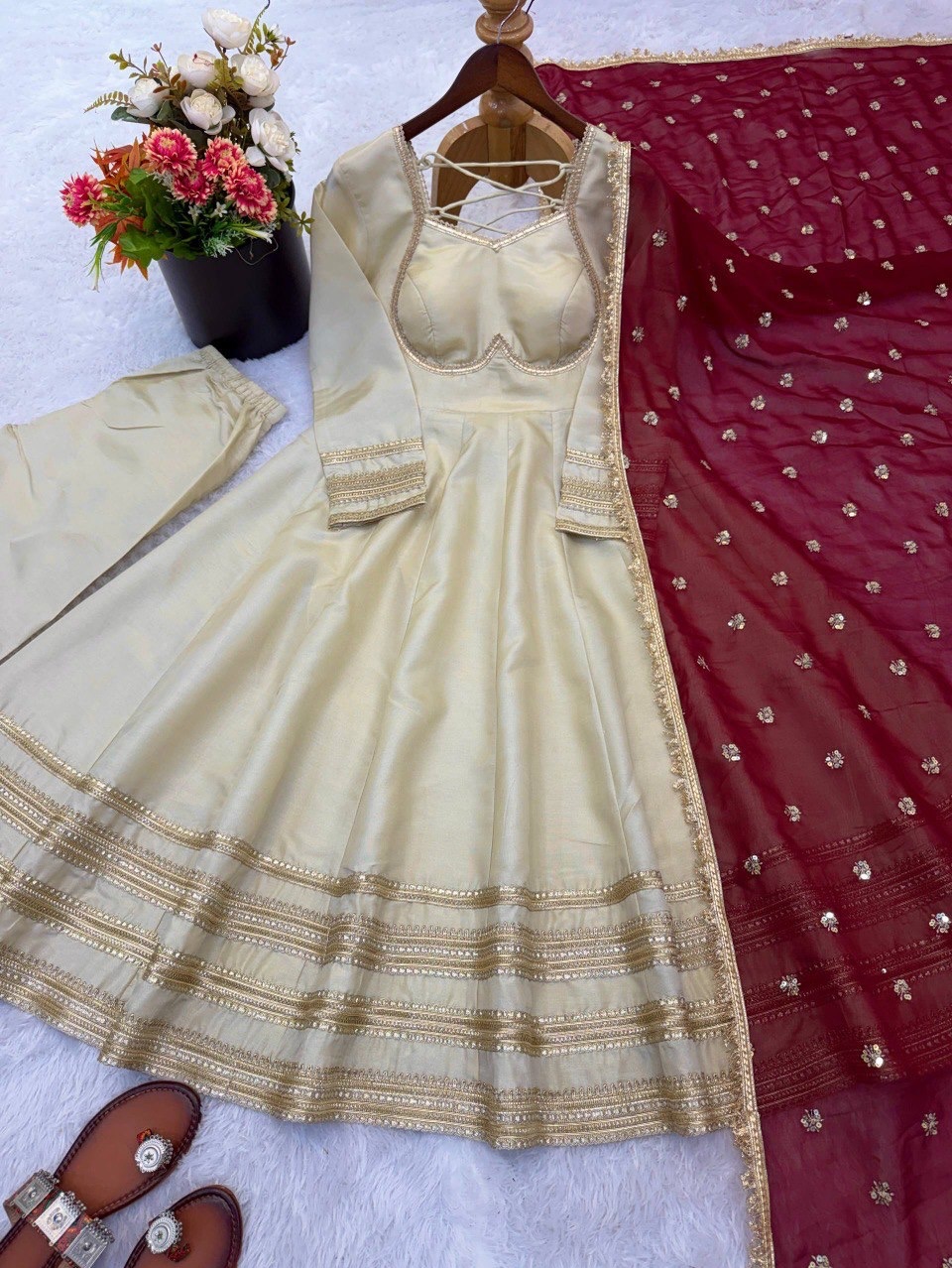 Beige Silk Anarkali Suit Set with Maroon Sequin Net Dupatta image 4