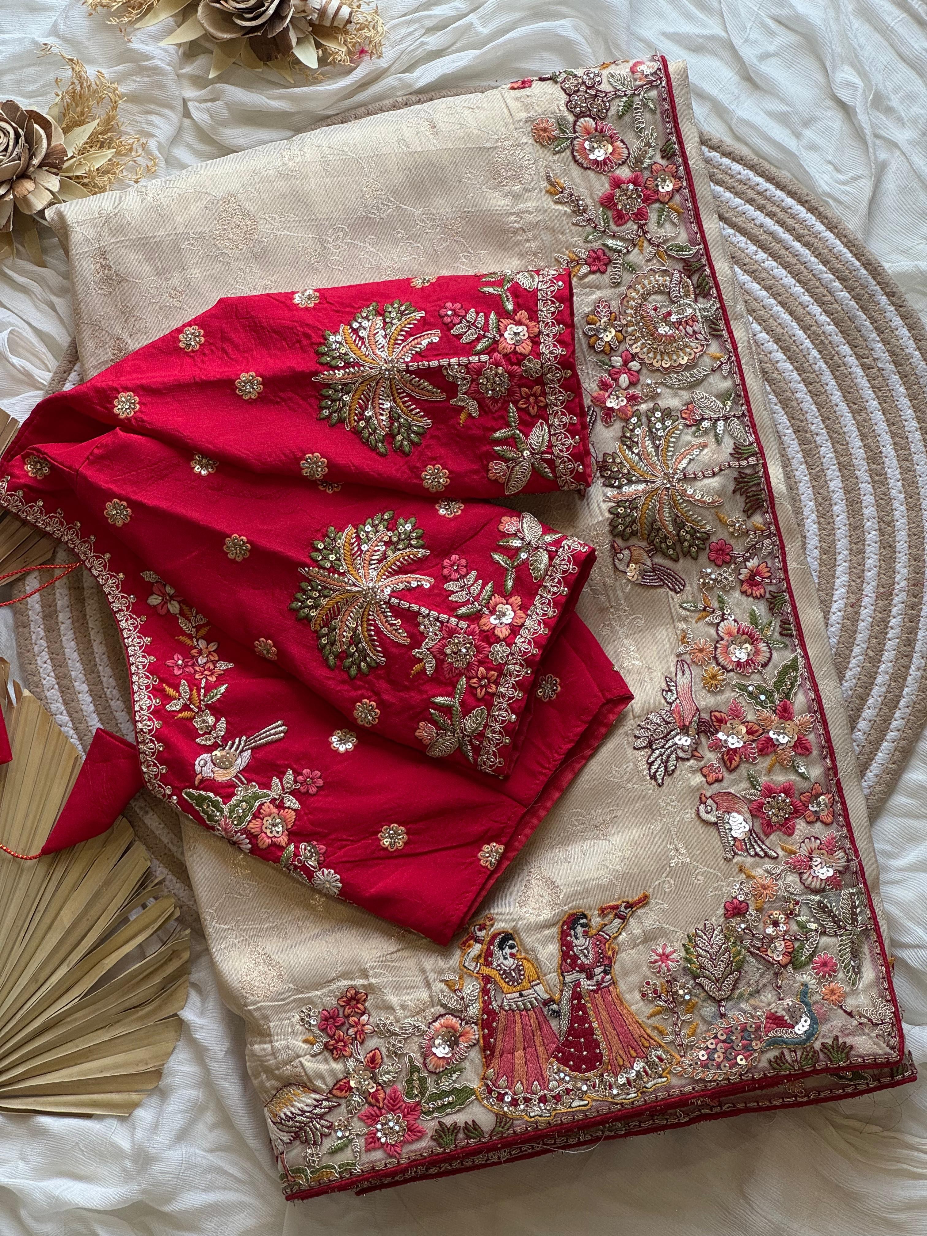 Pure Organza Silk Saree with Handcrafted Scenery Border & Heavy Embroidered Contrast Blouse