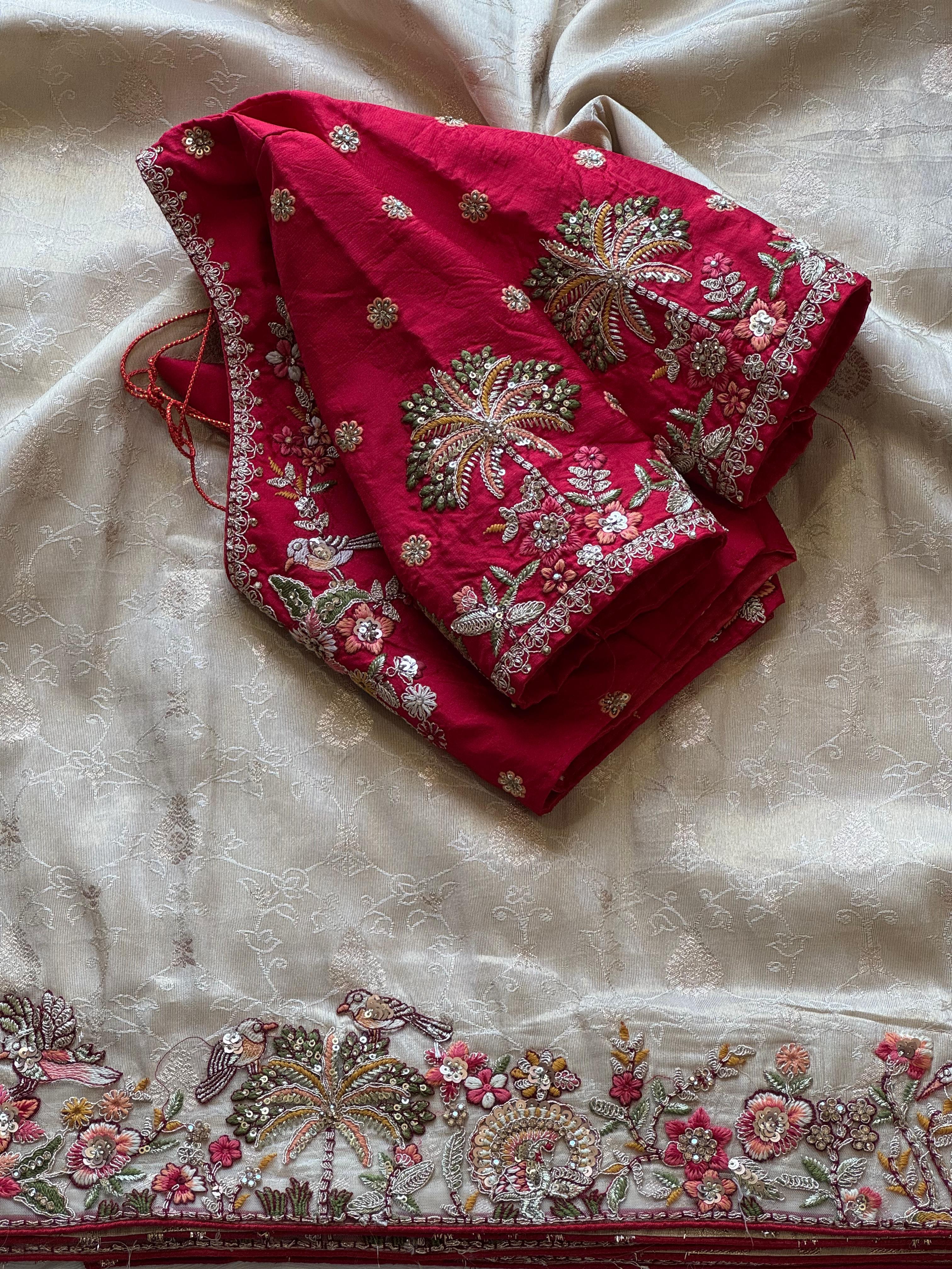 Pure Organza Silk Saree with Handcrafted Scenery Border & Heavy Embroidered Contrast Blouse image 2