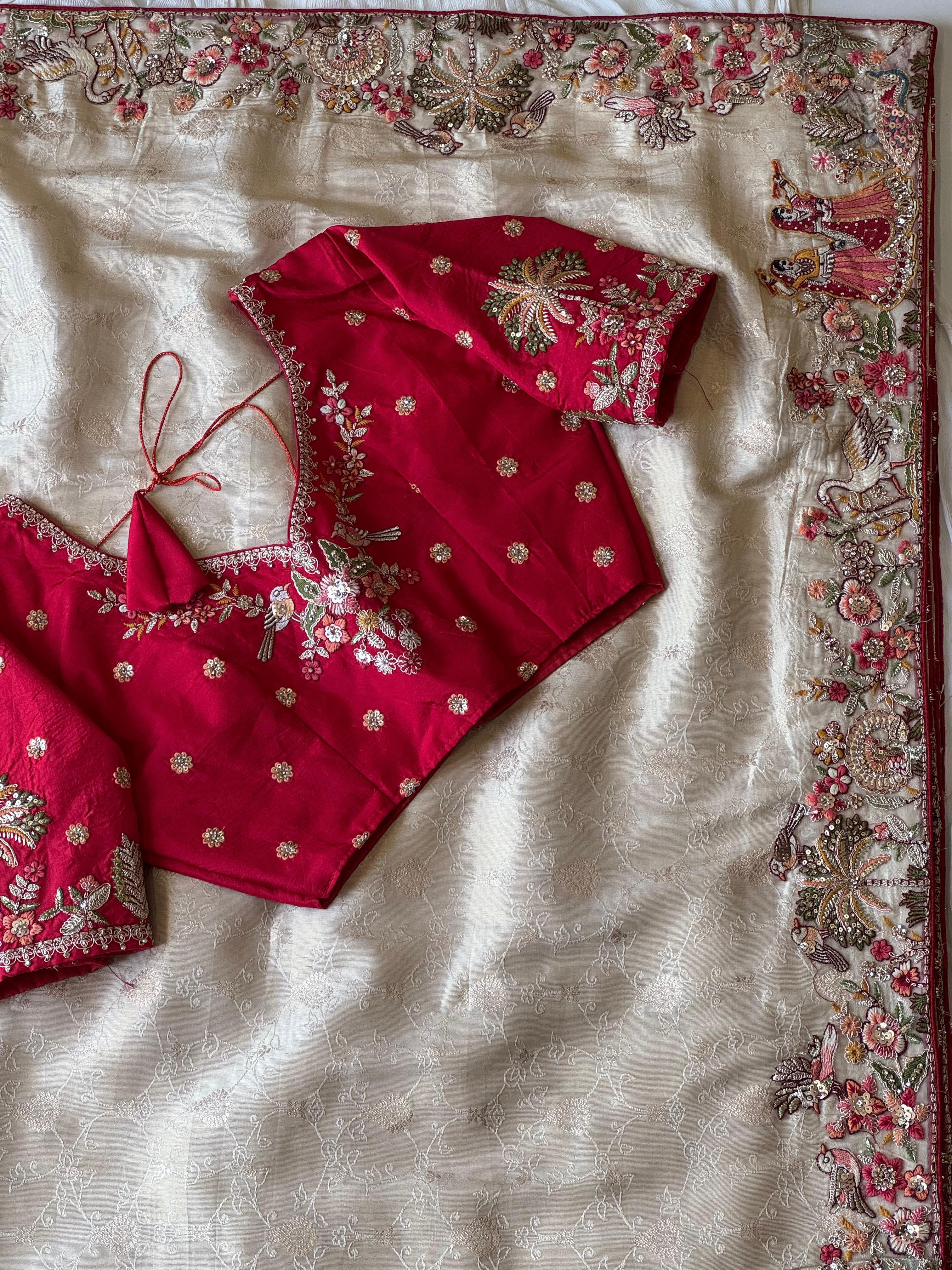Pure Organza Silk Saree with Handcrafted Scenery Border & Heavy Embroidered Contrast Blouse image 3