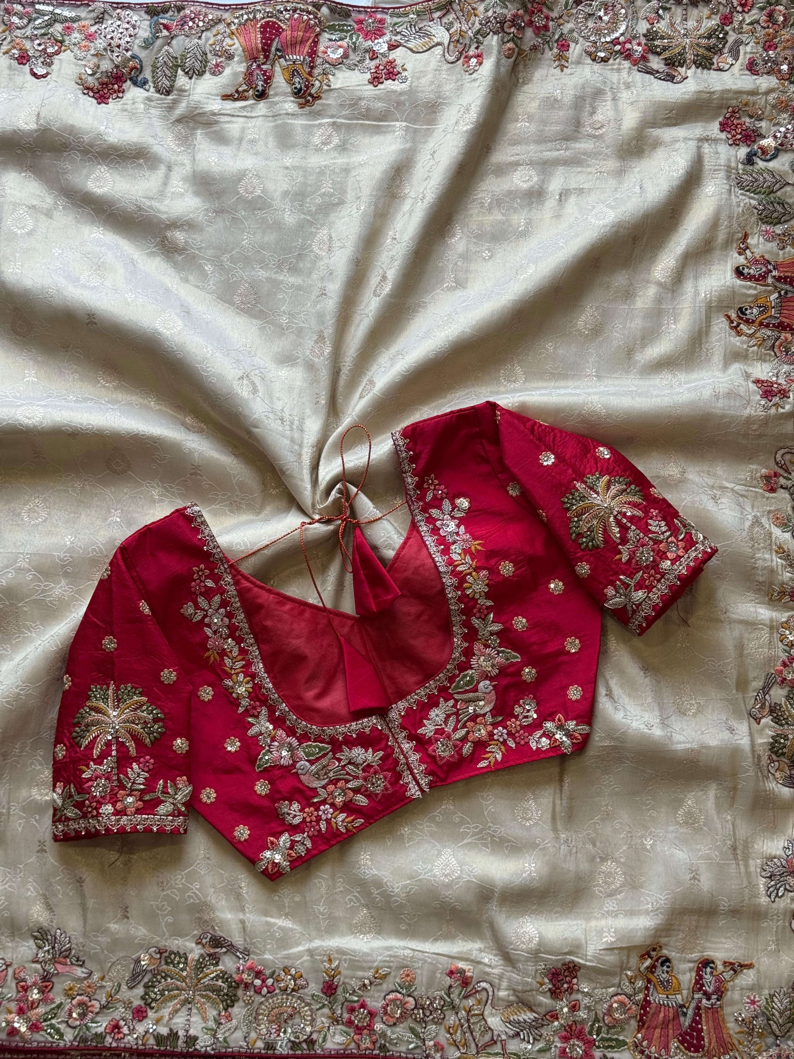 Pure Organza Silk Saree with Handcrafted Scenery Border & Heavy Embroidered Contrast Blouse image 4