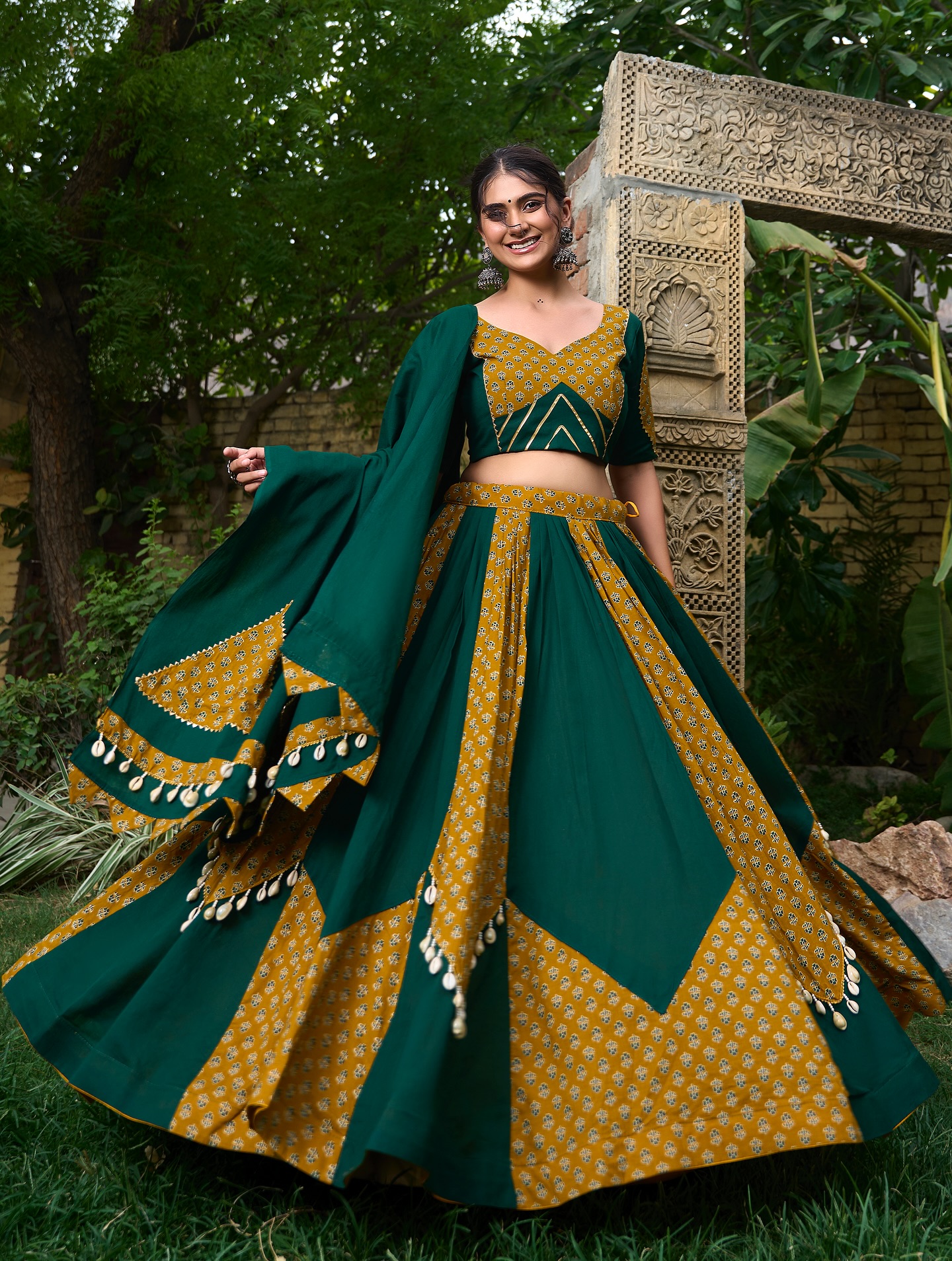 Bottle Green & Mustard Yellow Printed Cotton Chaniya Choli Set