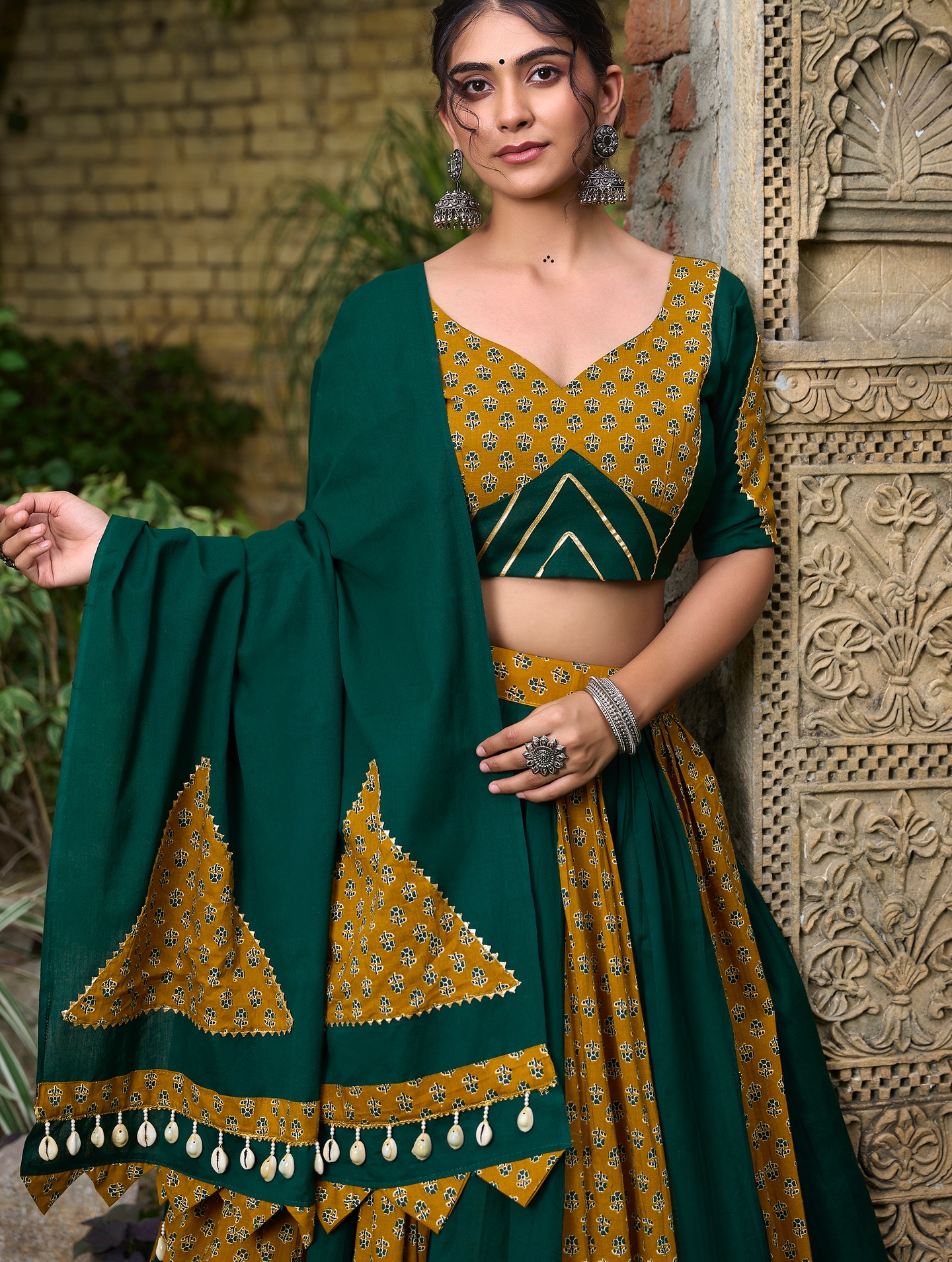 Bottle Green & Mustard Yellow Printed Cotton Chaniya Choli Set image 2