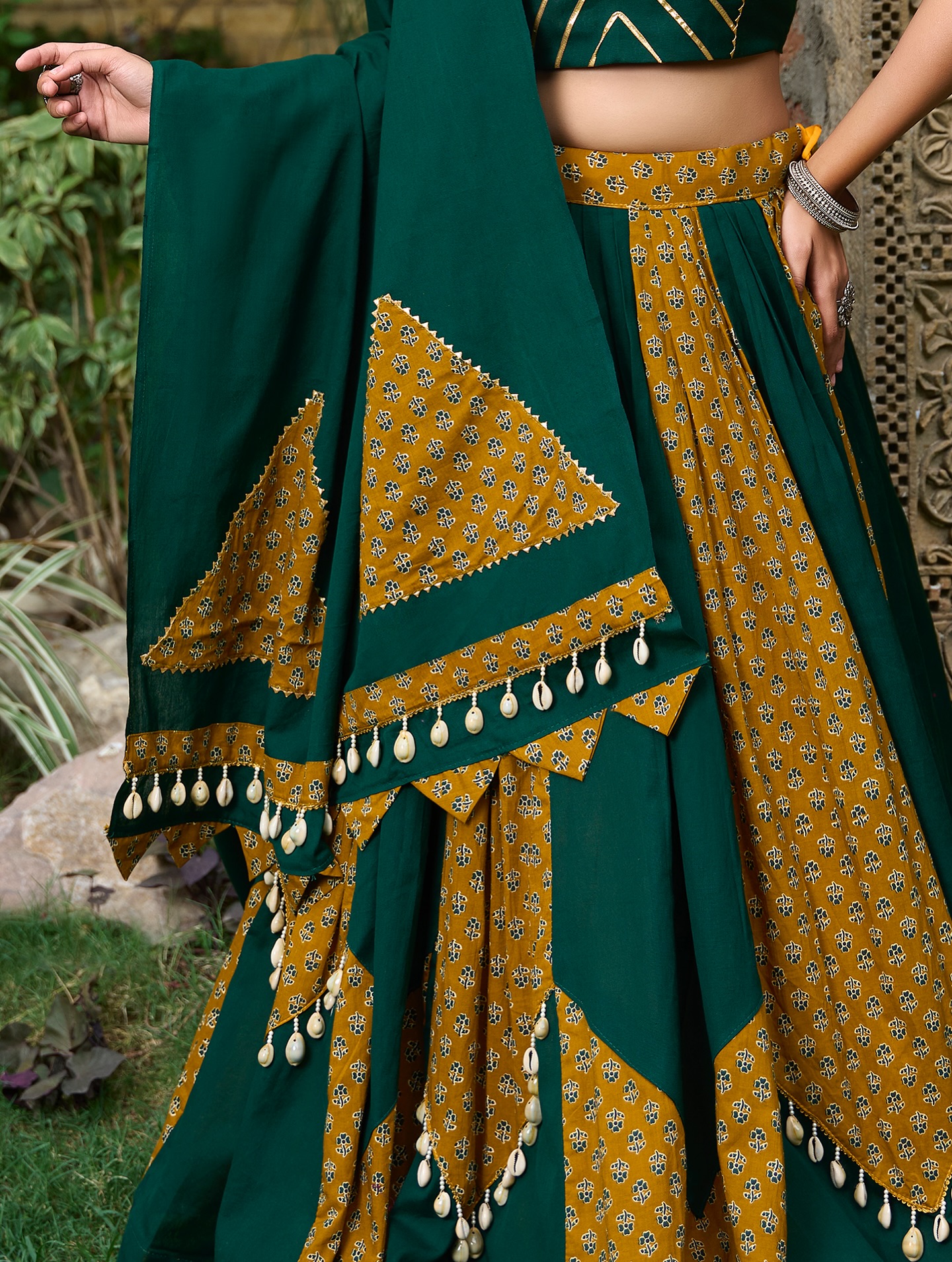 Bottle Green & Mustard Yellow Printed Cotton Chaniya Choli Set image 4