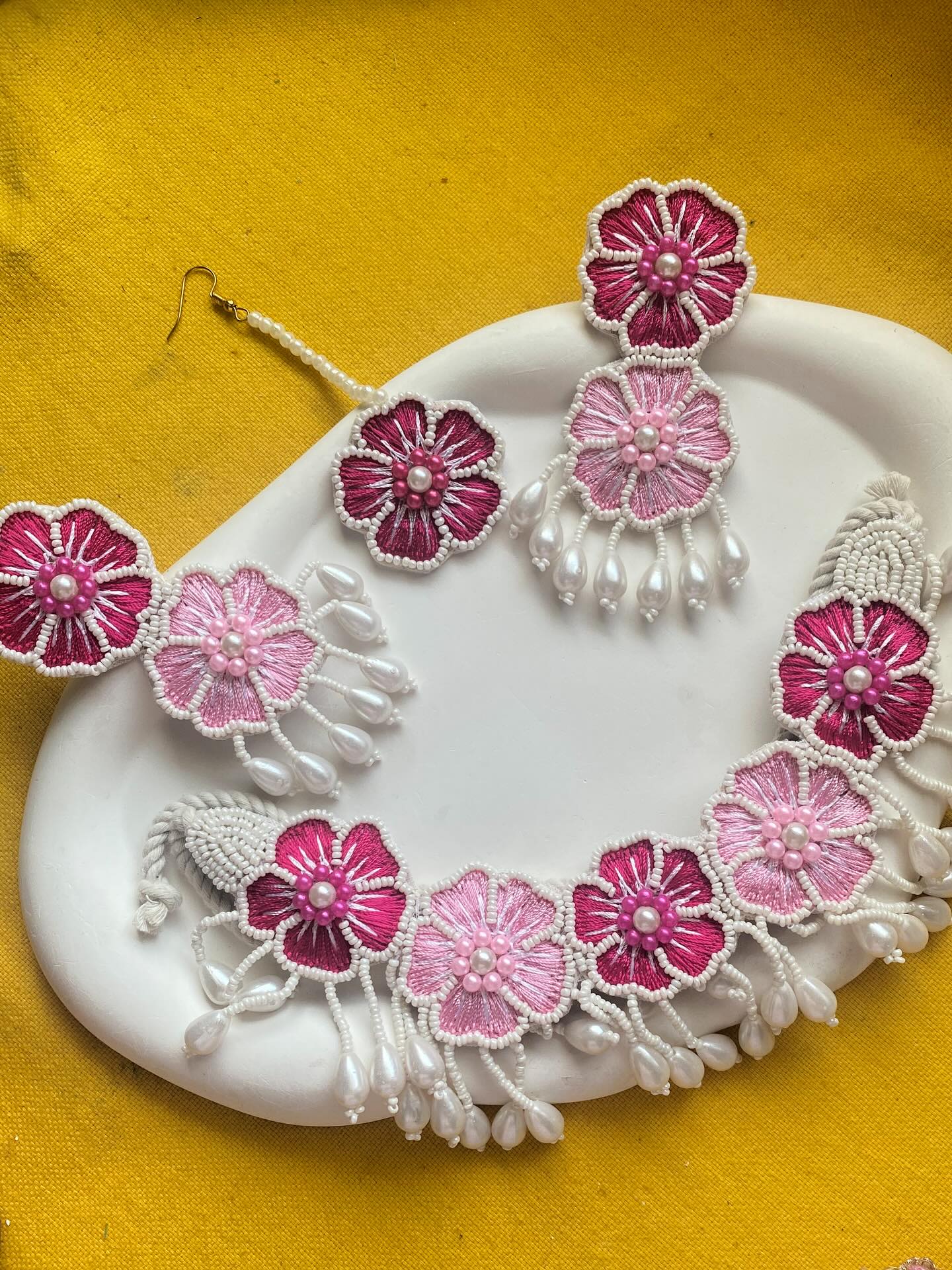 Handcrafted Pink Floral Thread & Bead Fabric Jewelry Set