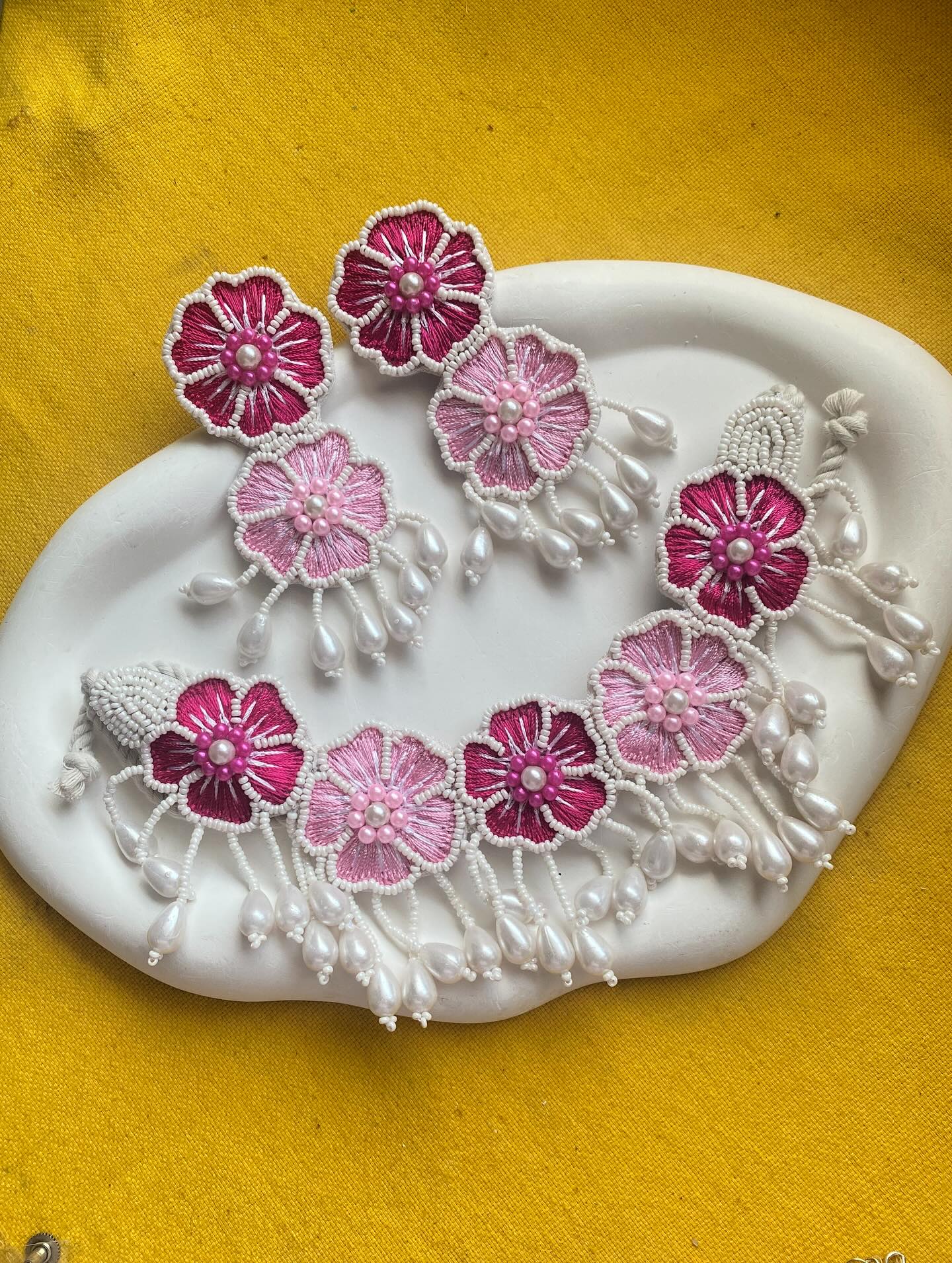 Handcrafted Pink Floral Thread & Bead Fabric Jewelry Set image 2