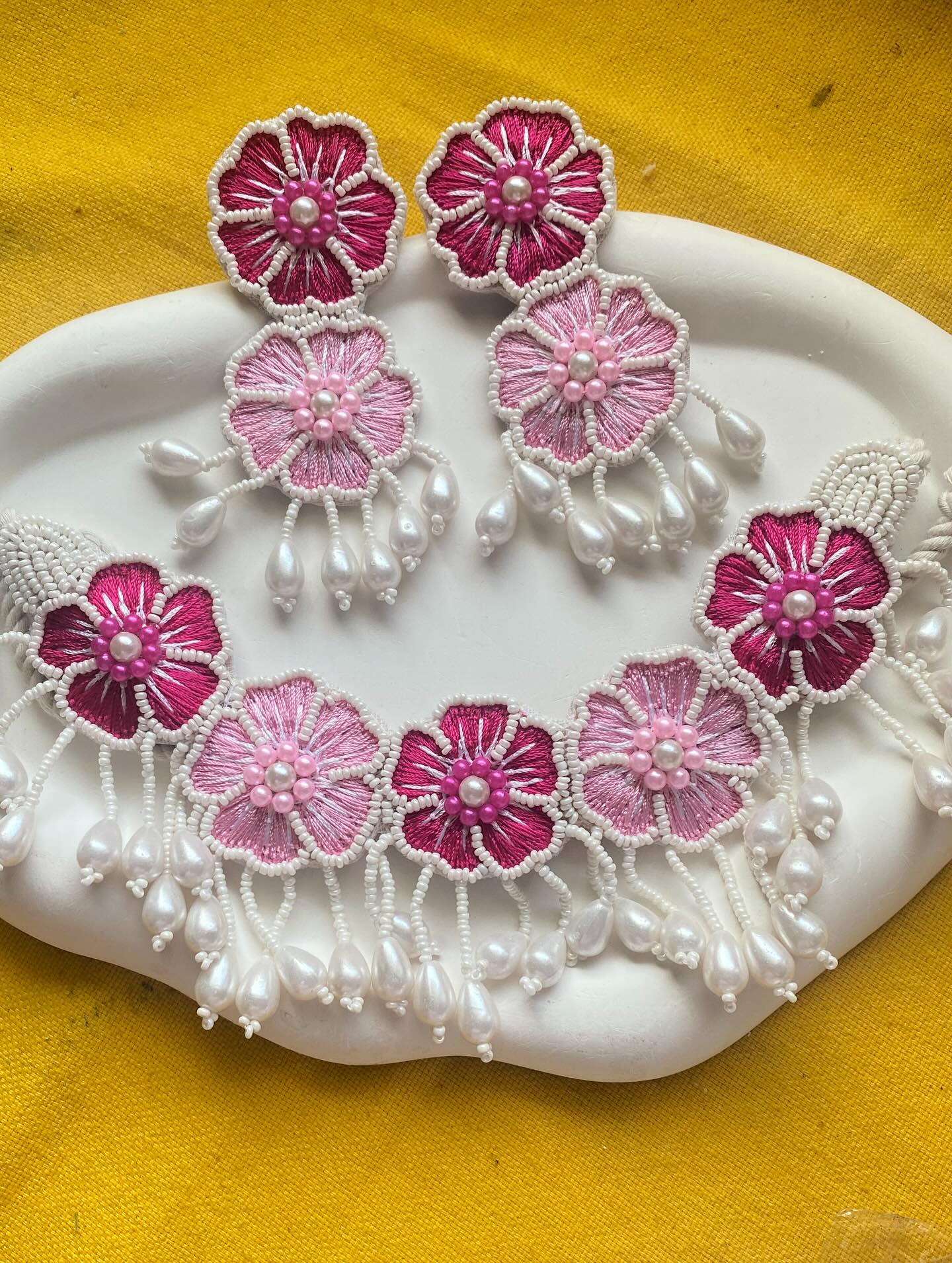 Handcrafted Pink Floral Thread & Bead Fabric Jewelry Set image 3