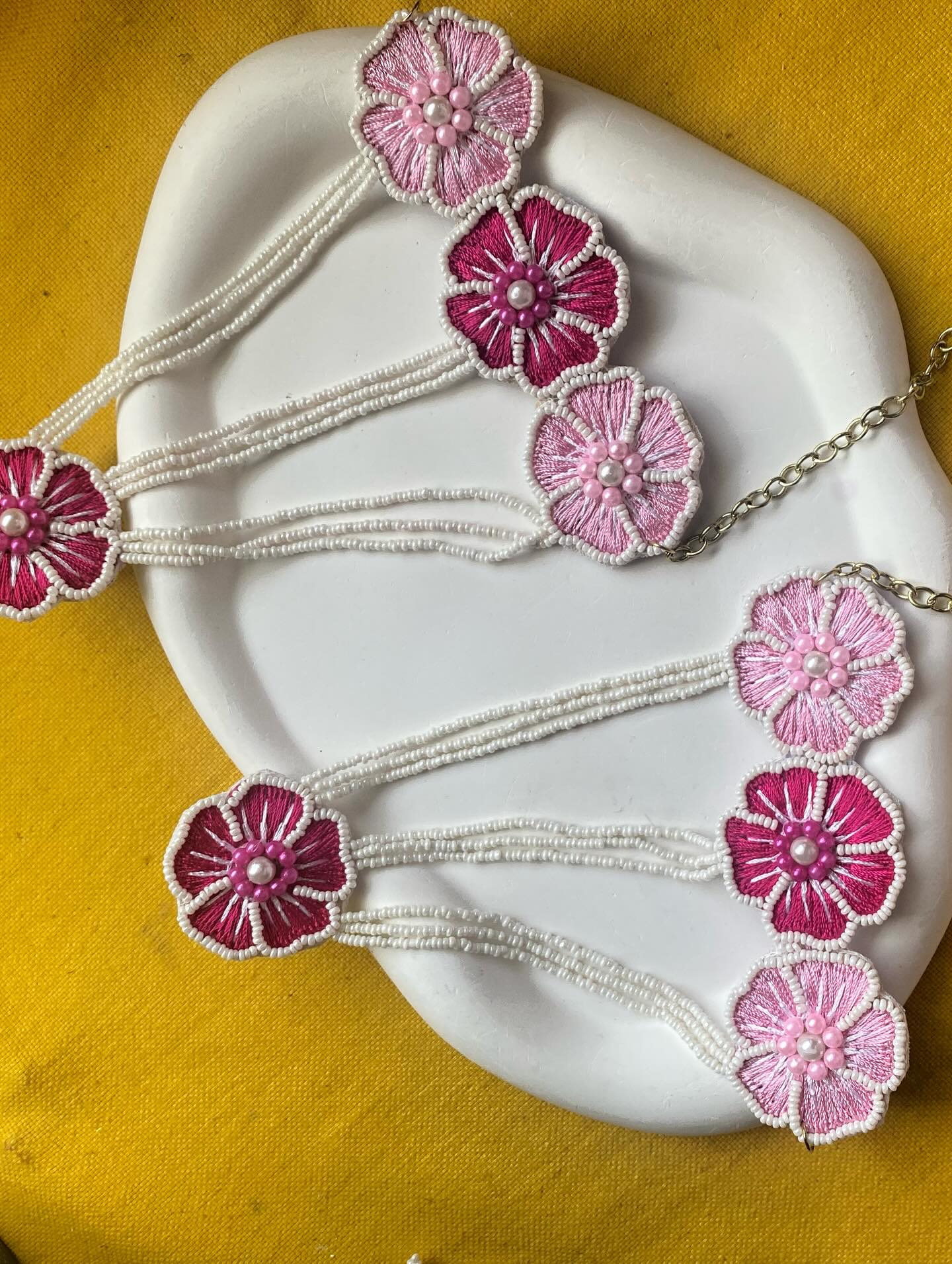 Handcrafted Pink Floral Thread & Bead Fabric Jewelry Set image 4