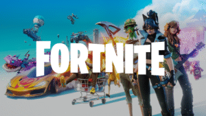 Fortnite beginner guide for kids – gameplay showing character landing from Battle Bus